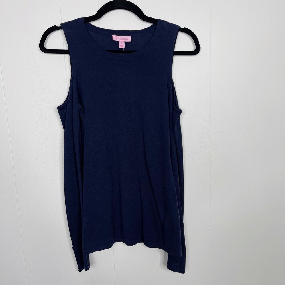 New Lilly Pulitzer Lyon Cold Shoulder Sweater Small True Navy Blue Cotton Modal